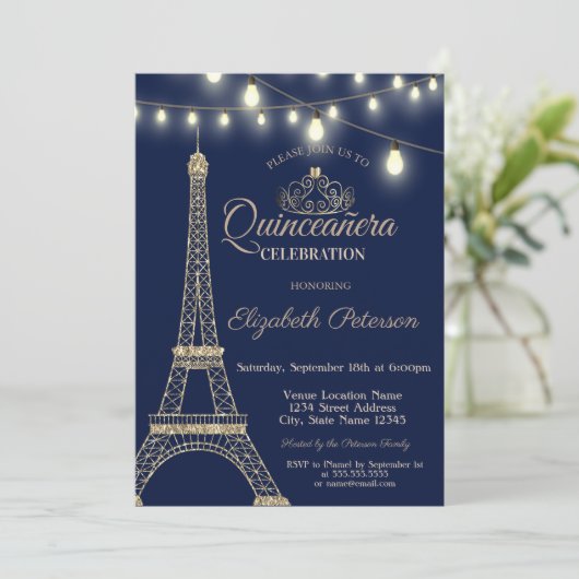 Invitation Parties scintillant d'or Tour Eiffel, Tiara Quince (Debout devant)