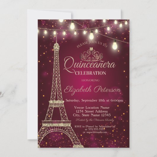 Invitation Parties scintillant d'or Tour Eiffel, Tiara Red Qu (Devant)