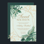 Invitation Parties scintillant d'or tropical vert aquarelle S<br><div class="desc">Aquarelle de palme tropicale verte et parties scintillant d'or typographie de confettis Sweet 16 anniversaire avec des branches de feuilles d'aquarelle peintes à la main,  parfait pour la fête d'anniversaire du printemps et de l'été.</div>