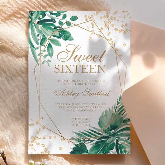 Invitation Parties scintillant d'or tropical vert aquarelle S