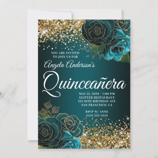 Invitation Parties scintillant d'or Turquoise Blue Floral Gla (Devant)