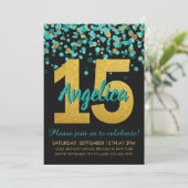 Invitation Parties scintillant d'or turquoise Confetti Quince (Debout devant)