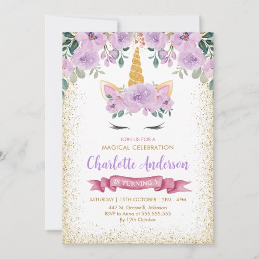 Invitation Parties scintillant d'or Turquoise violet Floral U (Devant)