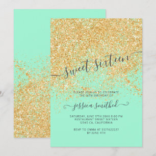 Invitation Parties scintillant d'or typographie menthe vert d