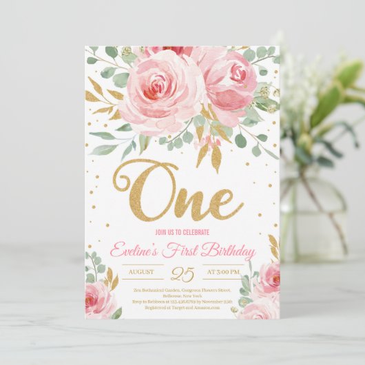 Invitation Parties scintillant d'or un bleu rose floral premi (Debout devant)