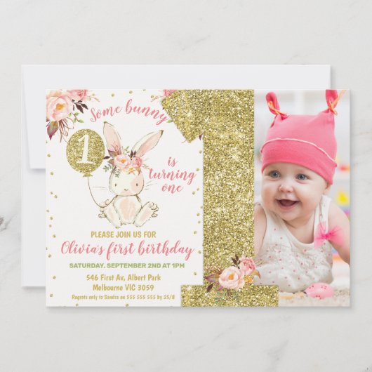 Invitation Parties scintillant d'or Un lapin 1er anniversaire (Devant)