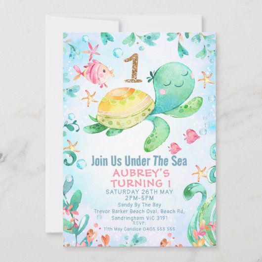 Invitation Parties scintillant d'or Une tortue de mer sous la (Devant)