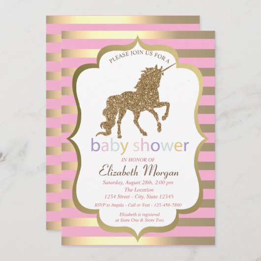 Invitation Parties scintillant d'or Unicorn, Baby shower de b (Devant / Derrière)