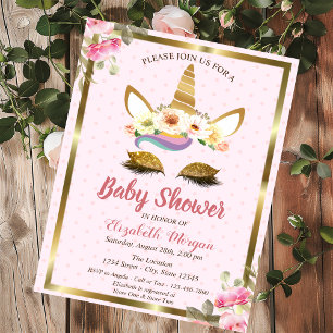 Invitation Parties scintillant d'or Unicorn Floral Pois Baby 