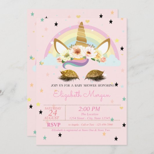 Invitation Parties scintillant d'or Unicorn Floral Rainbow Ba (Devant / Derrière)