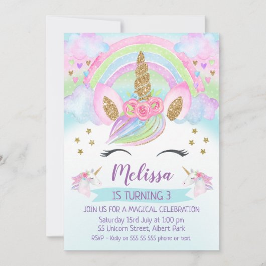 Invitation Parties scintillant d'or Unicorn Rainbow Invitatio (Devant)