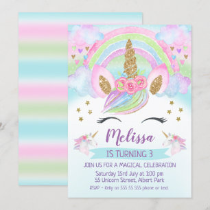 Invitation Parties scintillant d'or Unicorn Rainbow Invitatio
