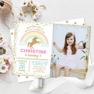 Invitation Parties scintillant d'or Unicorn Rainbow Photo Ann