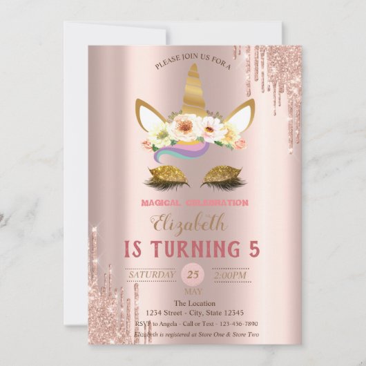 Invitation Parties scintillant d'or Unicorn, Rose Gold Driver (Devant)