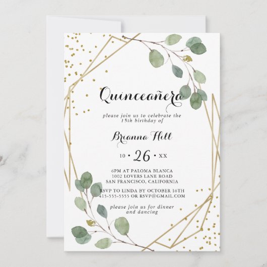 Invitation Parties scintillant d'or Verdure géométrique Quinc (Devant)