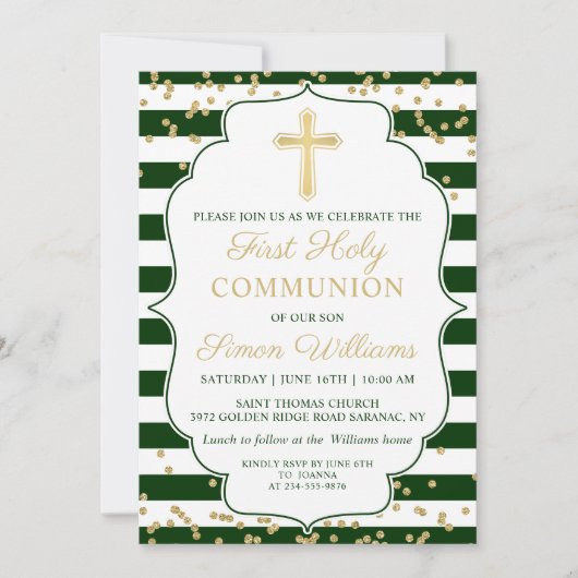 Invitation Parties scintillant d'or Vert rayé Première Sainte (Devant)