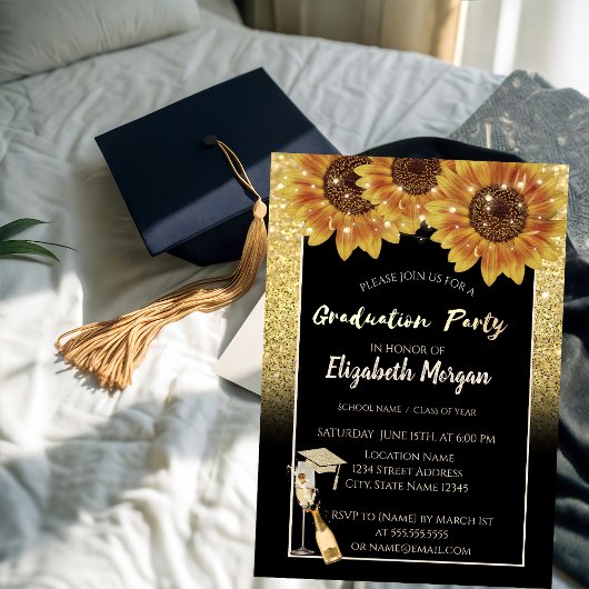 Invitation Parties scintillant d'or, Vin, Verre, Fleurs de so