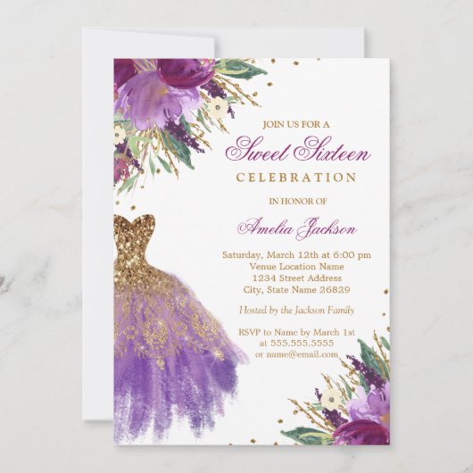 Invitation Parties scintillant d'or violet Amethyst robe Swee (Devant)