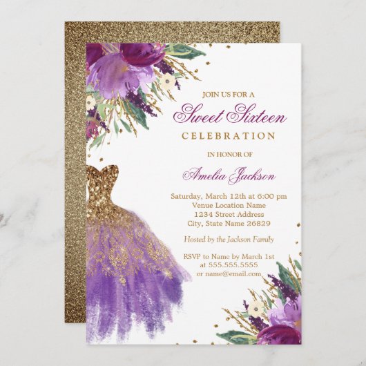 Invitation Parties scintillant d'or violet Amethyst robe Swee (Devant / Derrière)