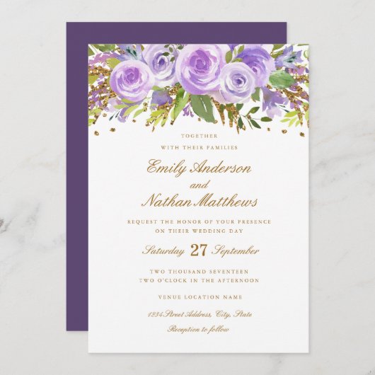 Invitation Parties scintillant d'or violet aquarelle Rose Flo (Devant / Derrière)