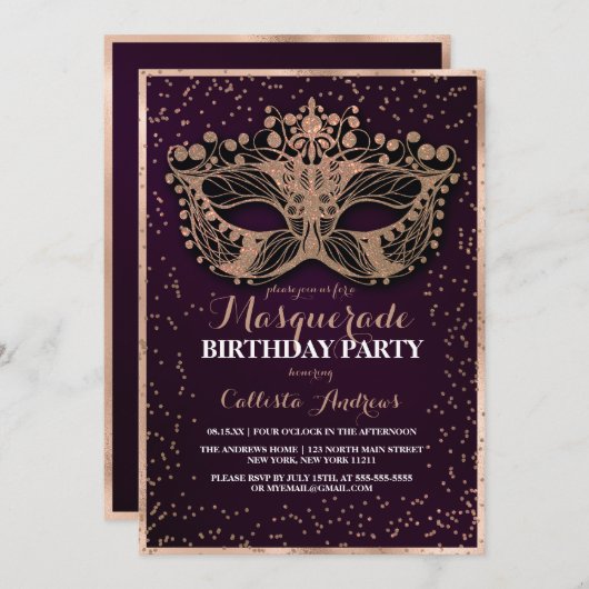 Invitation Parties scintillant d'or violet Confetti Masquerad (Devant / Derrière)