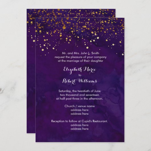 Invitation Parties scintillant d'or violet et de Faux (Devant / Derrière)