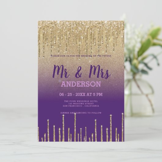 Invitation Parties scintillant d'or violet gouttes script MR  (Debout devant)