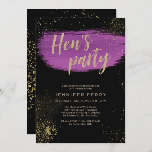 Invitation Parties scintillant d'or violet Hen's Party Invita (Devant / Derrière)