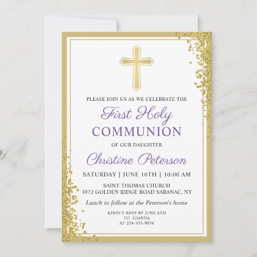 Invitation Parties scintillant d'or violet lavande première s (Devant)