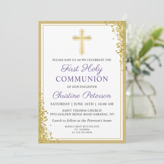 Invitation Parties scintillant d'or violet lavande première s (Debout devant)