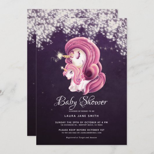 Invitation Parties scintillant d'or violet  magique Unicorns  (Devant / Derrière)