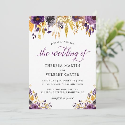 Invitation Parties scintillant d'or violet modernes Mariage f (Debout devant)