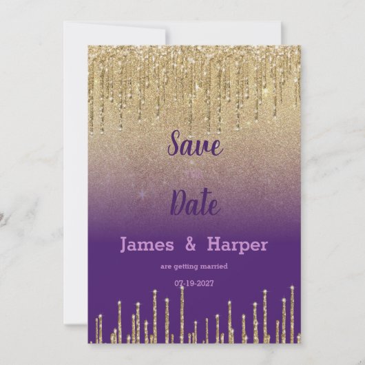 Invitation Parties scintillant d'or violet ombre goutte scrip (Devant)