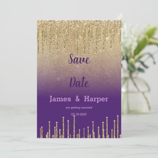 Invitation Parties scintillant d'or violet ombre goutte scrip (Debout devant)
