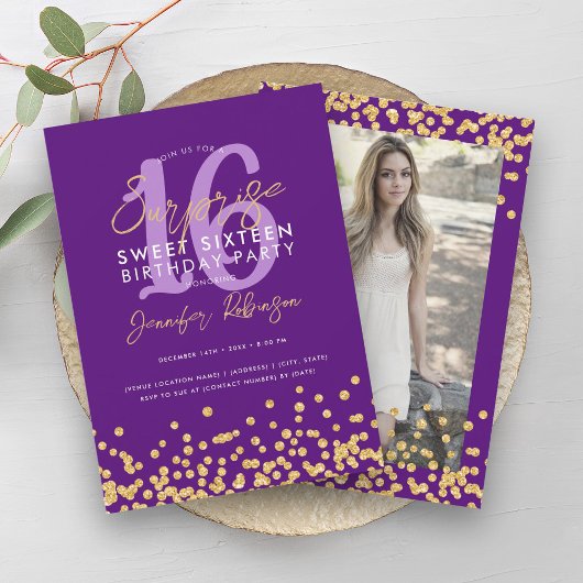 Invitation Parties scintillant d'or violet photo Surprise Swe