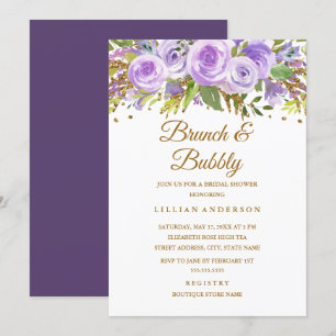 Invitation Parties scintillant D'Or Violet Rose Floral Brunch