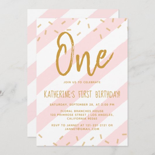 Invitation Parties scintillant dorée à saupoudrage rose pâle (Devant / Derrière)