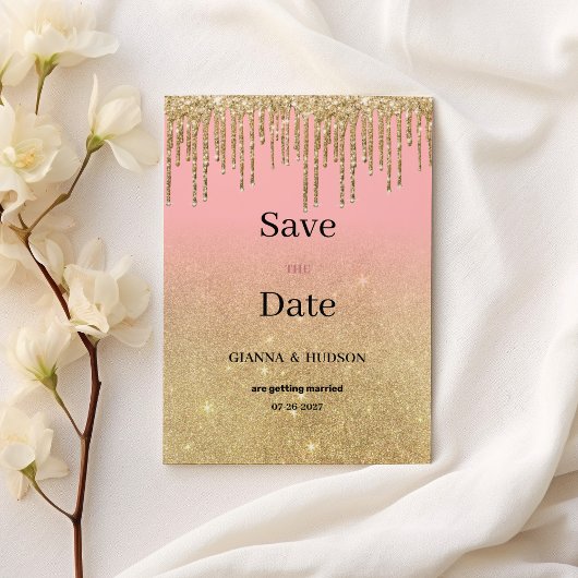 Invitation Parties scintillant dorée de luxe rose gouttes omb