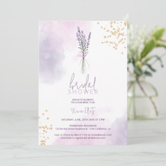 Invitation Parties scintillant dorée douce fleurs de lavande (Debout devant)