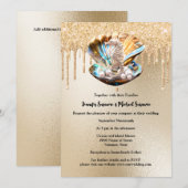 Invitation Parties scintillant dorée en coquille de Seahorse (Devant / Derrière)