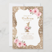 Invitation Parties scintillant dorée étincelante et fleurs ro (Devant)