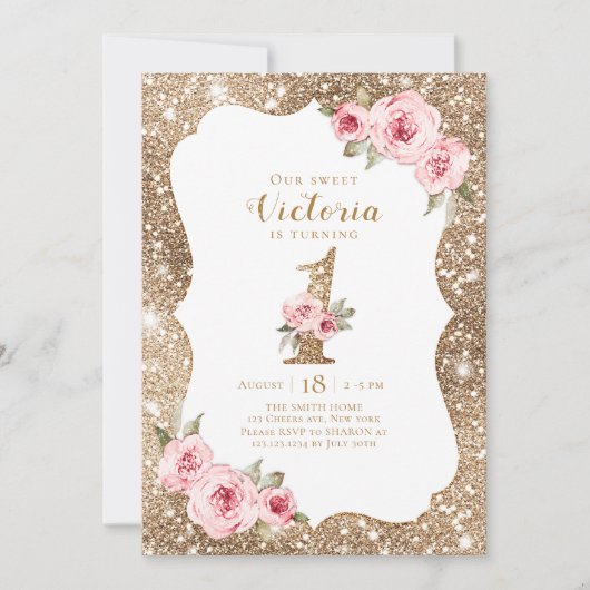 Invitation Parties scintillant dorée étincelante et fleurs ro (Devant)
