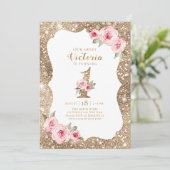 Invitation Parties scintillant dorée étincelante et fleurs ro (Debout devant)