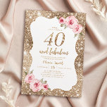 Invitation Parties scintillant dorée étincelante et floral ro<br><div class="desc">Faux or brillant parties scintillant arrière - plan et rose vif floral avec "40 et fabuleux" script au centre,  élégante et élégante,  grandes invitations de fête de 40e anniversaire.</div>