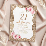 Invitation Parties scintillant dorée étincelante et floral ro<br><div class="desc">Faux or brillant parties scintillant arrière - plan et rose vif floral avec script "21 et Glamour" au centre,  élégante et élégante,  grandes invitations de fête de 21e anniversaire.</div>