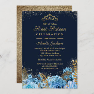 Invitation Parties scintillant dorée  florale Sweet sixteen