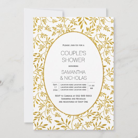 Invitation Parties scintillant dorée moderne feuille douche d (Devant)