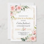 Invitation Parties scintillant dorée rose ressort rose fleuri (Devant)