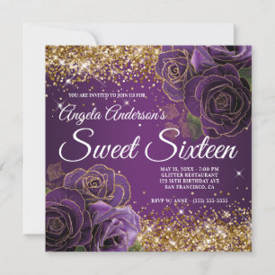 Invitation Parties scintillant dorée violette glam Sweet six