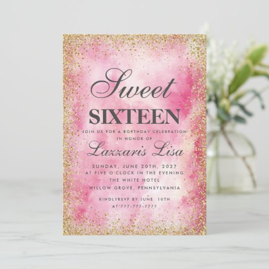 Invitation Parties scintillant Douce 16 Aquarelle rose Annive (Debout devant)